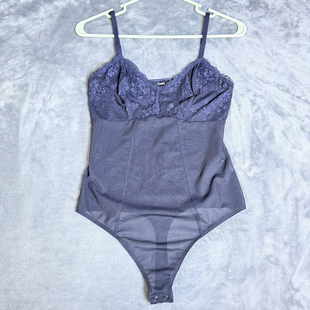 Express Womens Navy Blue Lace‎ Mesh Bodysuit Thong Snap Closure Small Sleeveless